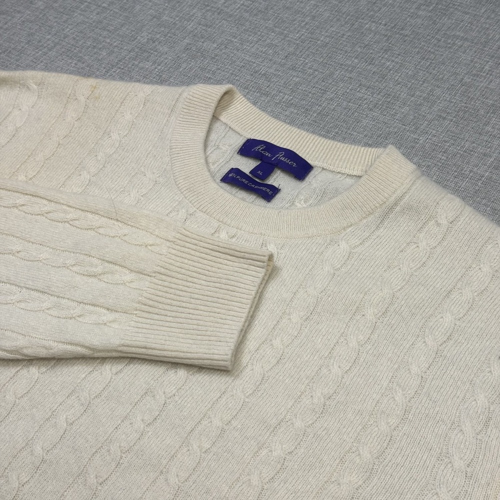 Alan Flusser Cable-Knit Cashmere Pullover Sweater Mens XL Beige Long Sleeve